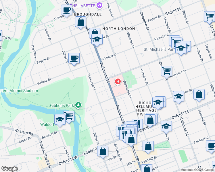 map of restaurants, bars, coffee shops, grocery stores, and more near 909 Richmond Street in London