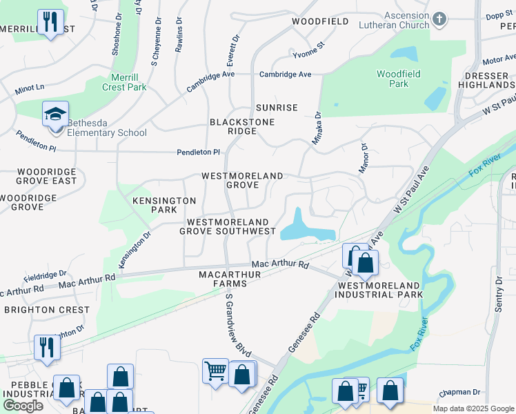 map of restaurants, bars, coffee shops, grocery stores, and more near Kensington Drive in Waukesha