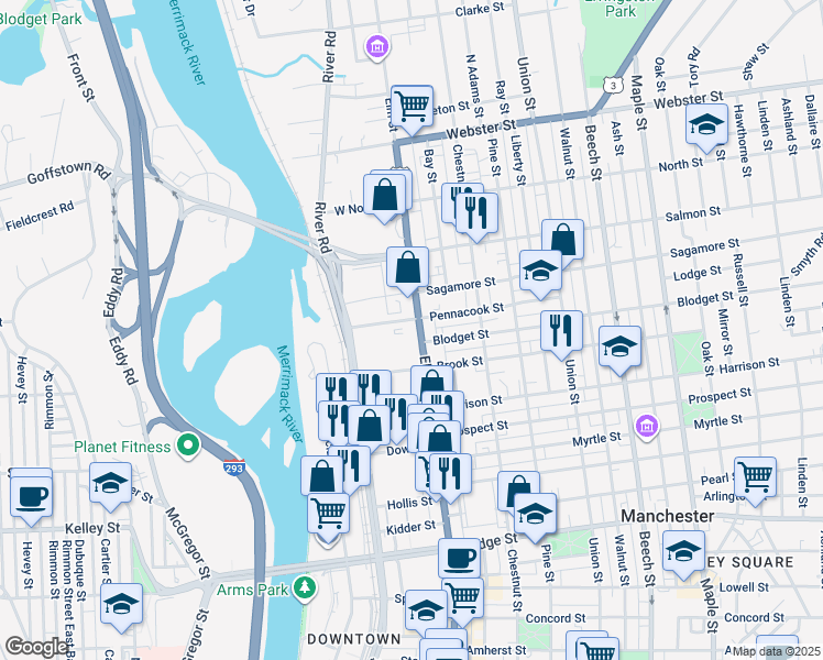 map of restaurants, bars, coffee shops, grocery stores, and more near 1602 Elm Street in Manchester