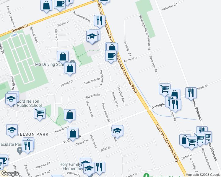 map of restaurants, bars, coffee shops, grocery stores, and more near 123 Napoleon Court in London