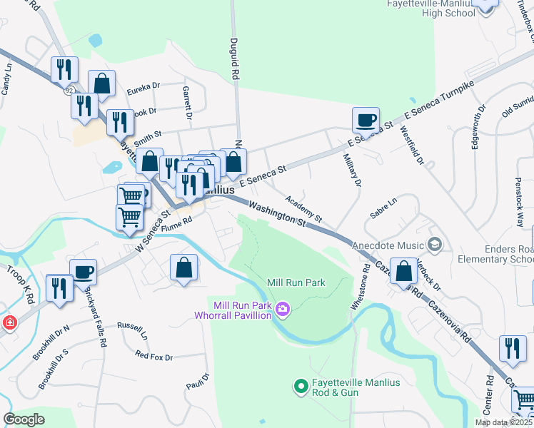 map of restaurants, bars, coffee shops, grocery stores, and more near 130 Washington Street in Manlius