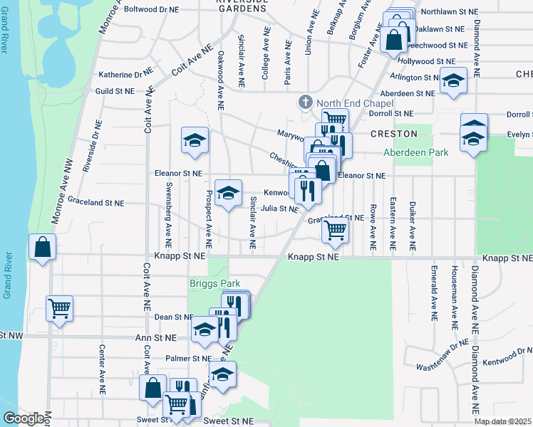 map of restaurants, bars, coffee shops, grocery stores, and more near 2041 Paris Avenue Northeast in Grand Rapids