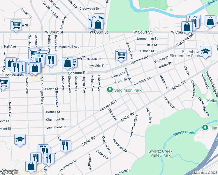 map of restaurants, bars, coffee shops, grocery stores, and more near 2729 Brown Street in Flint