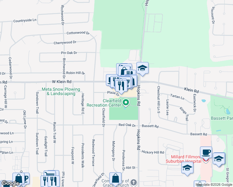 map of restaurants, bars, coffee shops, grocery stores, and more near Plaza Drive in Buffalo