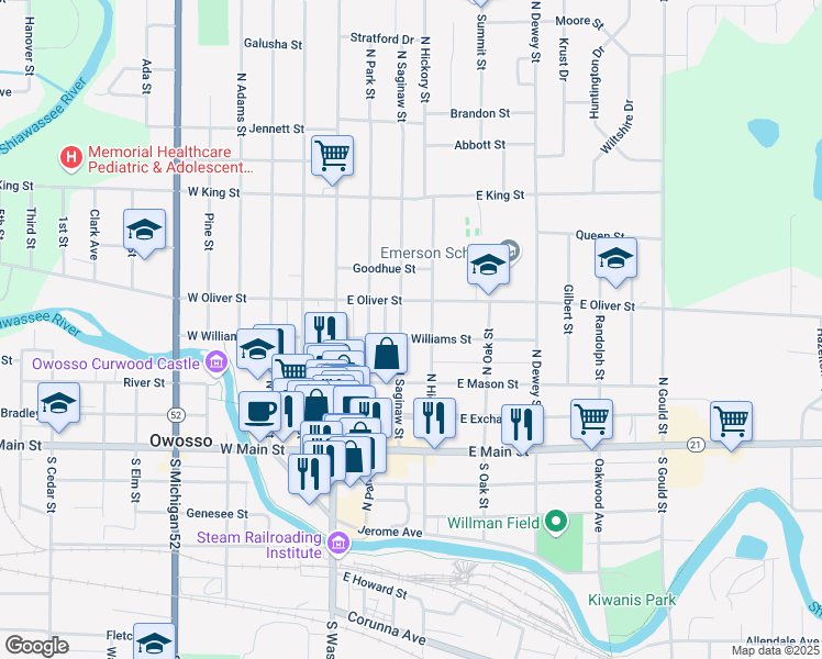 map of restaurants, bars, coffee shops, grocery stores, and more near 332 North Saginaw Street in Owosso