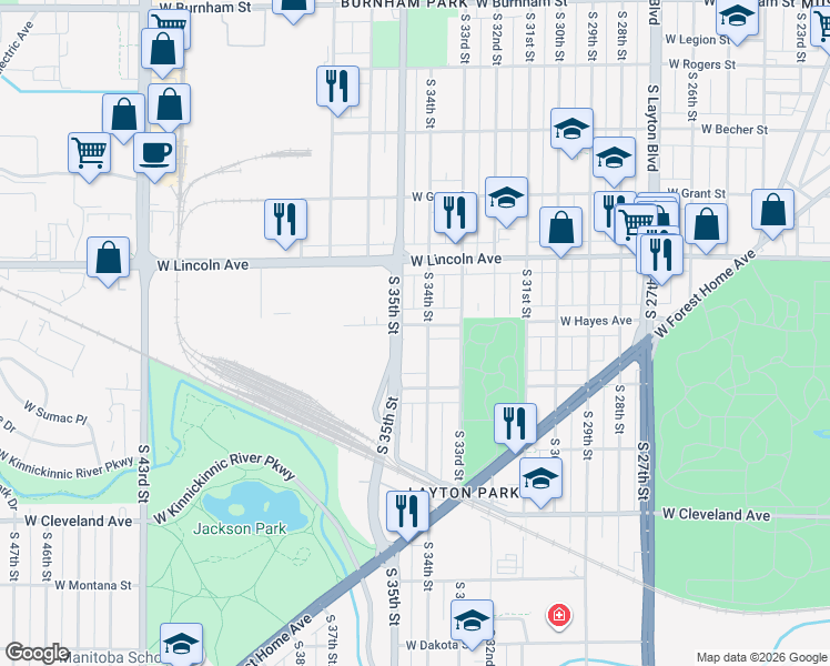 map of restaurants, bars, coffee shops, grocery stores, and more near 2431 South 34th Street in Milwaukee
