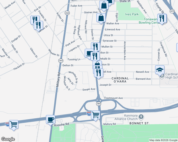 map of restaurants, bars, coffee shops, grocery stores, and more near 67 Winkler Drive in Tonawanda