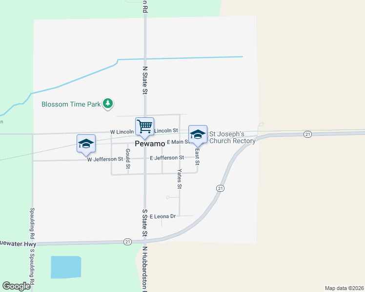 map of restaurants, bars, coffee shops, grocery stores, and more near 141 Yates Street in Pewamo