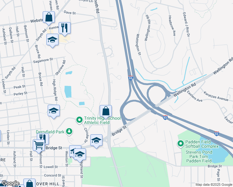 map of restaurants, bars, coffee shops, grocery stores, and more near 795 Mammoth Road in Manchester