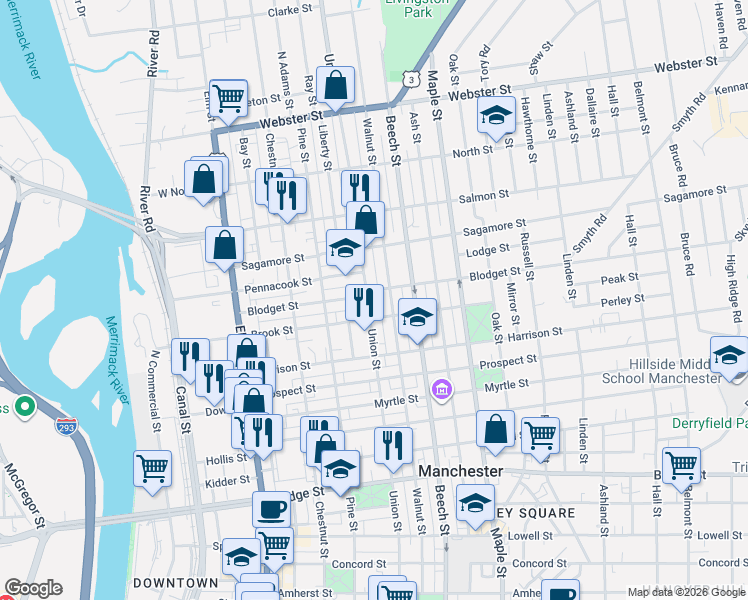 map of restaurants, bars, coffee shops, grocery stores, and more near 110 Brook Street in Manchester