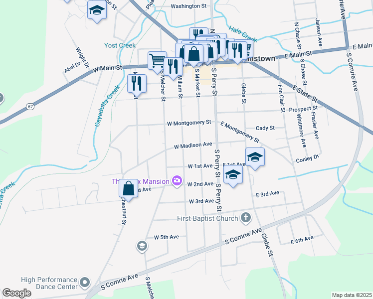map of restaurants, bars, coffee shops, grocery stores, and more near 305 South Market Street in Johnstown