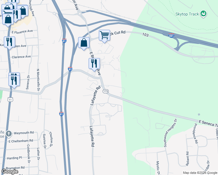 map of restaurants, bars, coffee shops, grocery stores, and more near 657 East Seneca Turnpike in Syracuse