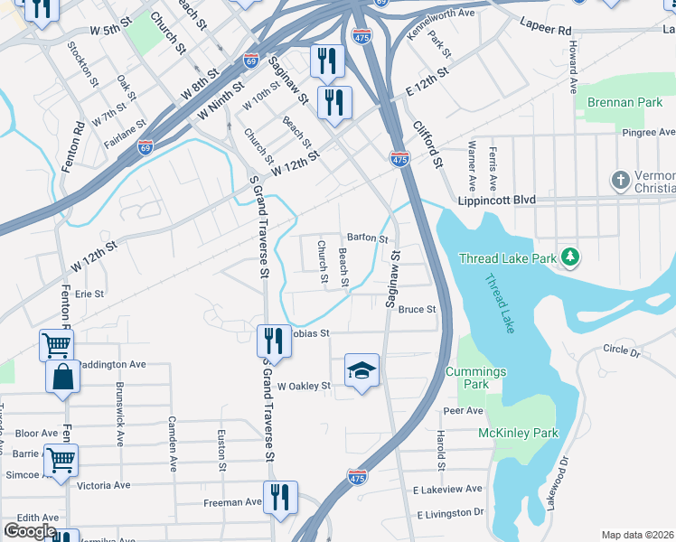 map of restaurants, bars, coffee shops, grocery stores, and more near 2109 Church Street in Flint