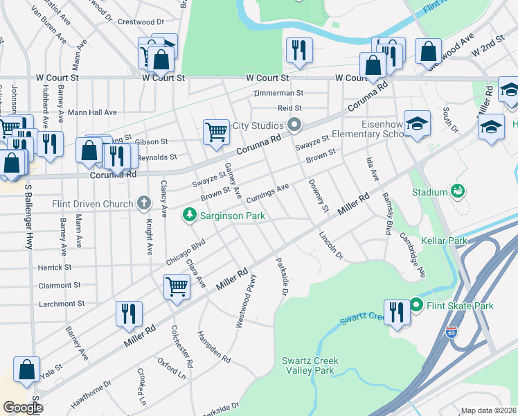 map of restaurants, bars, coffee shops, grocery stores, and more near 1422 Gainey Avenue in Flint
