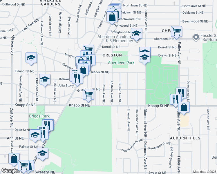 map of restaurants, bars, coffee shops, grocery stores, and more near 2051 Eastern Avenue Northeast in Grand Rapids