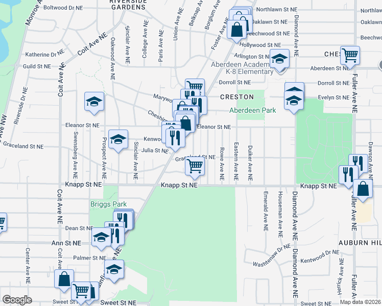 map of restaurants, bars, coffee shops, grocery stores, and more near 710 Graceland Street Northeast in Grand Rapids