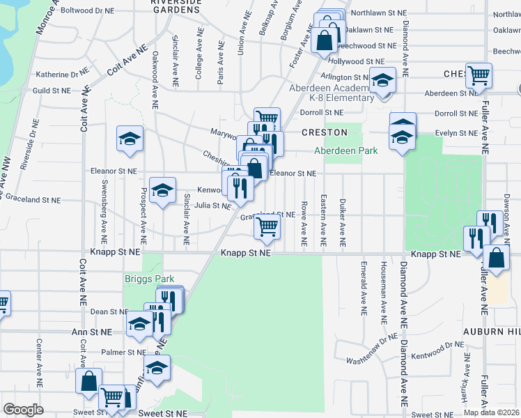 map of restaurants, bars, coffee shops, grocery stores, and more near 710 Graceland Street Northeast in Grand Rapids