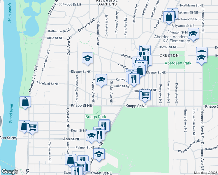map of restaurants, bars, coffee shops, grocery stores, and more near 2057 Sinclair Avenue Northeast in Grand Rapids