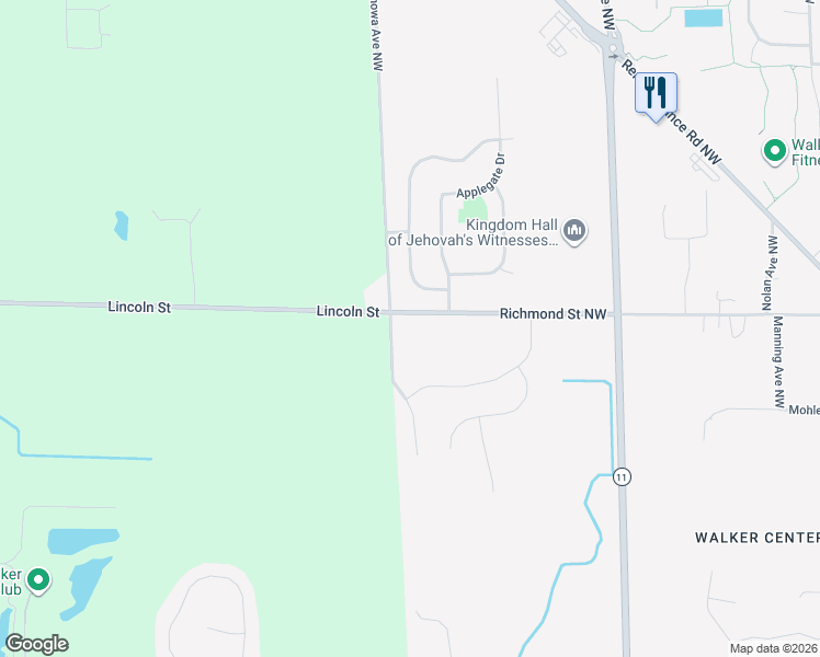 map of restaurants, bars, coffee shops, grocery stores, and more near 4742 Barlow Street Northwest in Grand Rapids