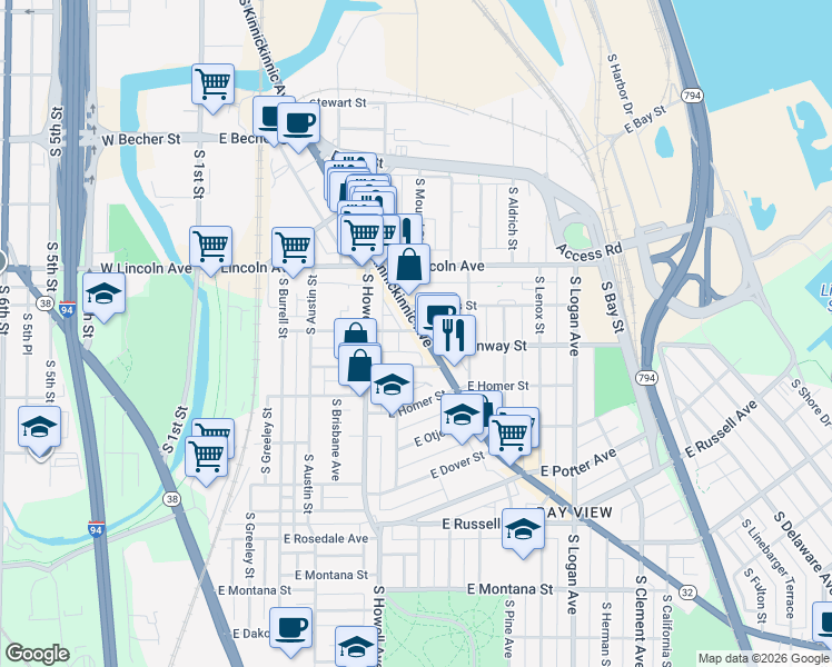 map of restaurants, bars, coffee shops, grocery stores, and more near 2424 South Graham Street in Milwaukee