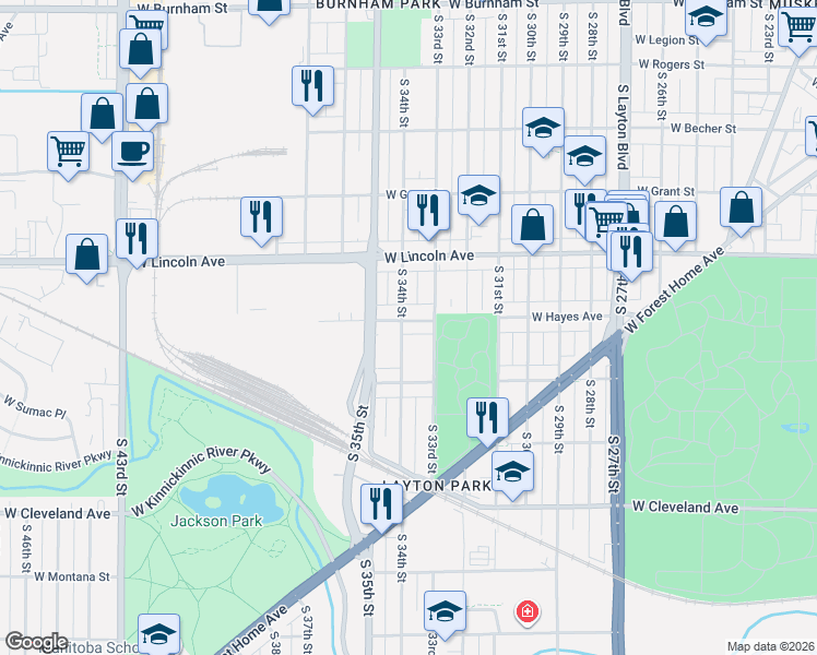 map of restaurants, bars, coffee shops, grocery stores, and more near 2431 South 34th Street in Milwaukee