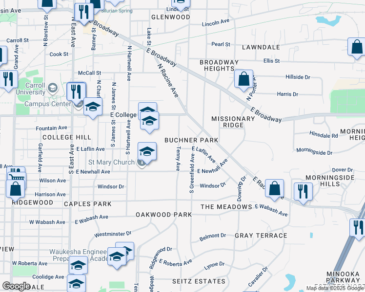 map of restaurants, bars, coffee shops, grocery stores, and more near 224 South Greenfield Avenue in Waukesha
