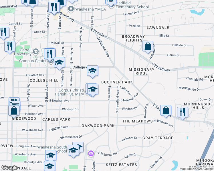map of restaurants, bars, coffee shops, grocery stores, and more near 204 Tenny Avenue in Waukesha