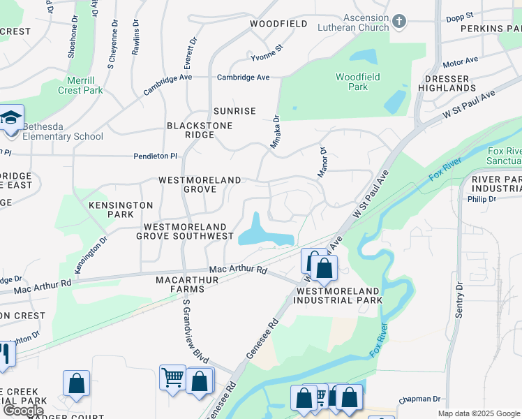 map of restaurants, bars, coffee shops, grocery stores, and more near 2107 Kensington Drive in Waukesha