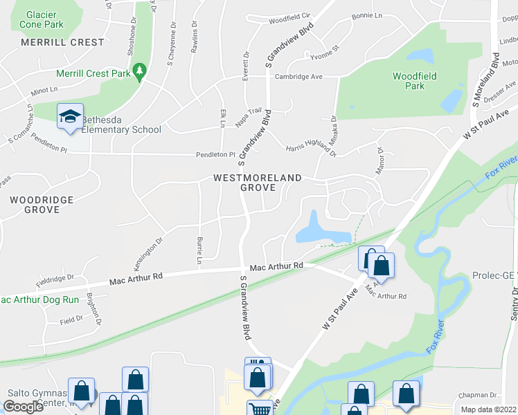 map of restaurants, bars, coffee shops, grocery stores, and more near 2149 Kensington Drive in Waukesha