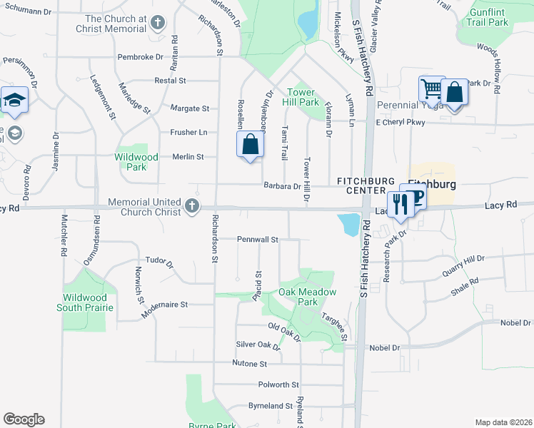 map of restaurants, bars, coffee shops, grocery stores, and more near 5661 Lacy Road in Fitchburg