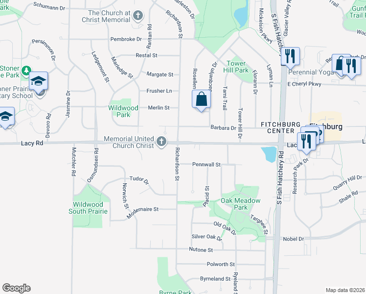 map of restaurants, bars, coffee shops, grocery stores, and more near 5673 Lacy Road in Fitchburg