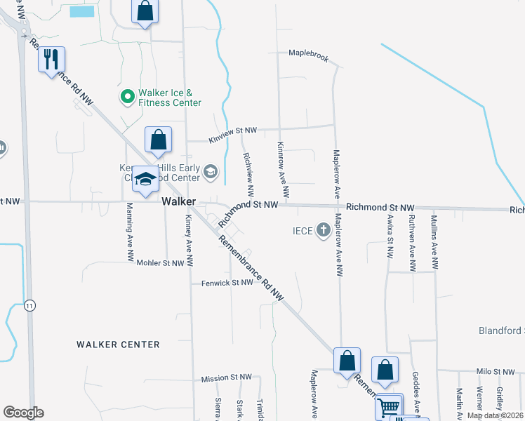 map of restaurants, bars, coffee shops, grocery stores, and more near 3811 Remembrance Road Northwest in Grand Rapids
