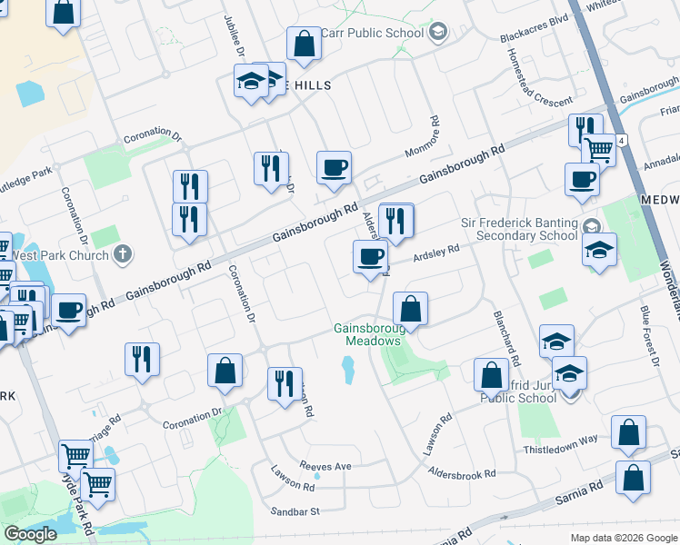 map of restaurants, bars, coffee shops, grocery stores, and more near 103 Olympic Crescent in London