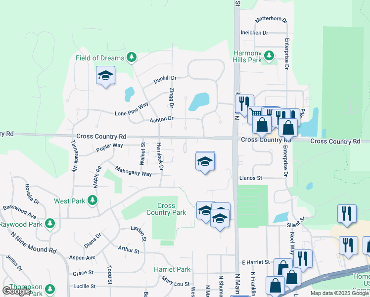 map of restaurants, bars, coffee shops, grocery stores, and more near 423 Cross Country Road in Verona