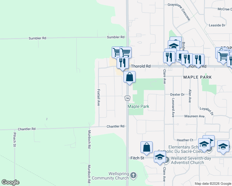 map of restaurants, bars, coffee shops, grocery stores, and more near 192 Oakcrest Avenue in Welland