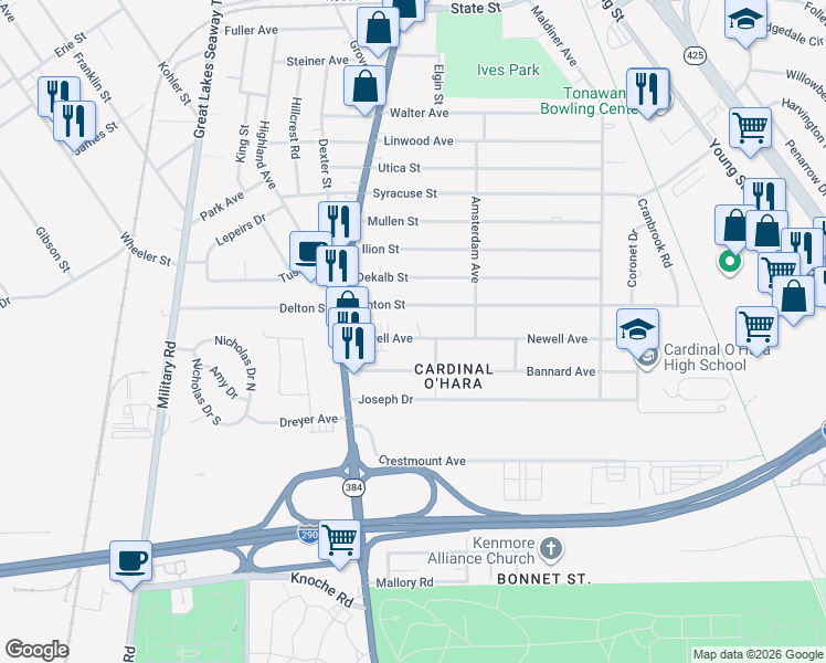 map of restaurants, bars, coffee shops, grocery stores, and more near 43 Newell Avenue in Tonawanda