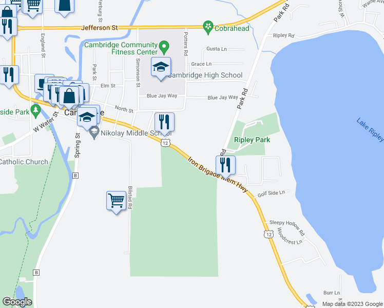 map of restaurants, bars, coffee shops, grocery stores, and more near W9598 U.S. 12 in Cambridge
