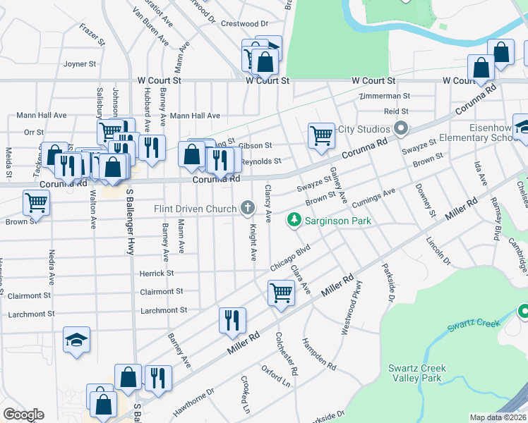 map of restaurants, bars, coffee shops, grocery stores, and more near 1313 Knight Avenue in Flint