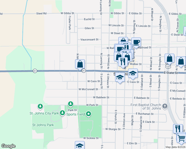 map of restaurants, bars, coffee shops, grocery stores, and more near 110 South Prospect Street in Saint Johns