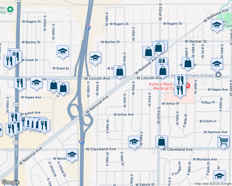 map of restaurants, bars, coffee shops, grocery stores, and more near 9707 West National Avenue in West Allis