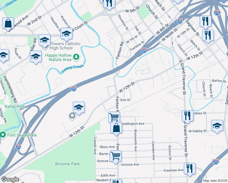 map of restaurants, bars, coffee shops, grocery stores, and more near 1910 Fenton Road in Flint