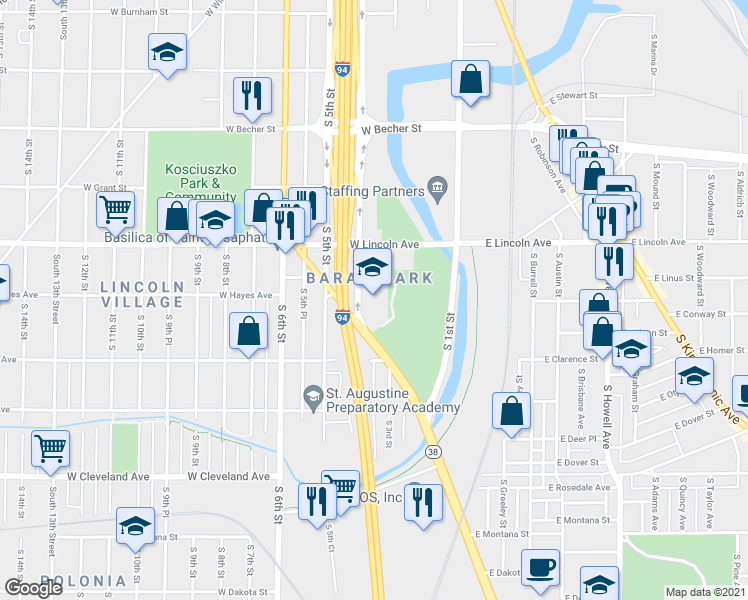 map of restaurants, bars, coffee shops, grocery stores, and more near 2424 South 4th Street in Milwaukee