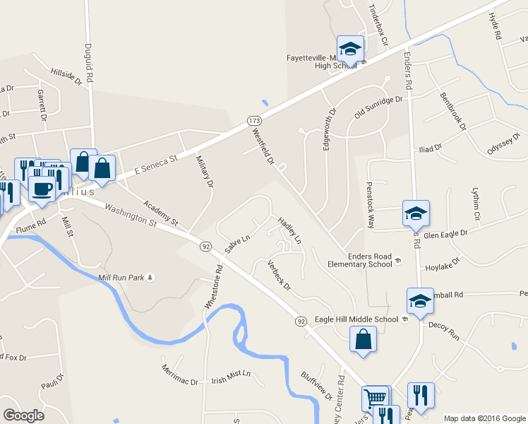 map of restaurants, bars, coffee shops, grocery stores, and more near 4779 Sabre Lane in Manlius