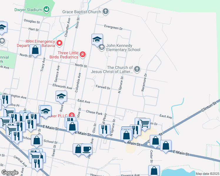 map of restaurants, bars, coffee shops, grocery stores, and more near 135 Farwell Drive in Batavia