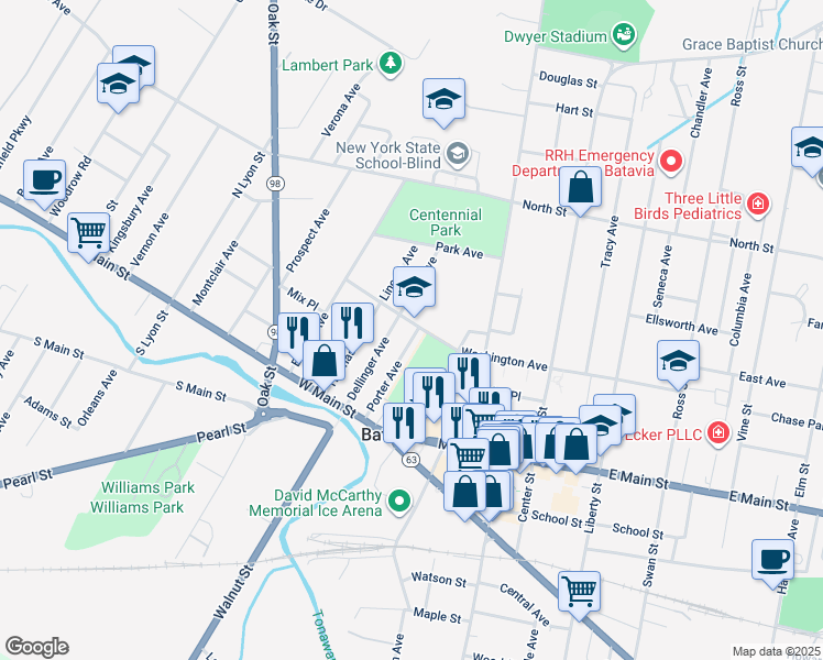 map of restaurants, bars, coffee shops, grocery stores, and more near 32 Washington Avenue in Batavia