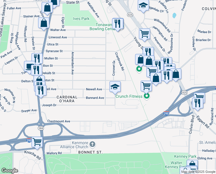 map of restaurants, bars, coffee shops, grocery stores, and more near 299 Newell Avenue in Tonawanda