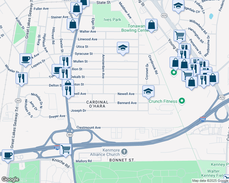 map of restaurants, bars, coffee shops, grocery stores, and more near 40 Drew Place in Tonawanda
