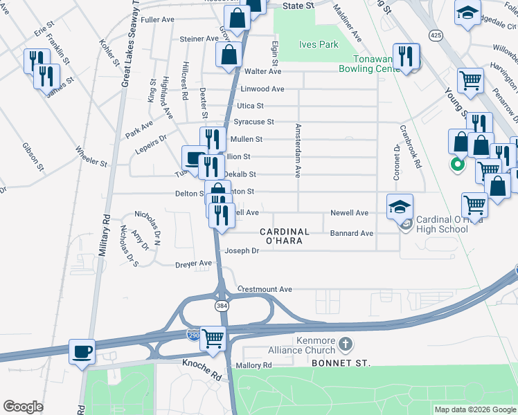 map of restaurants, bars, coffee shops, grocery stores, and more near 43 Newell Avenue in Tonawanda