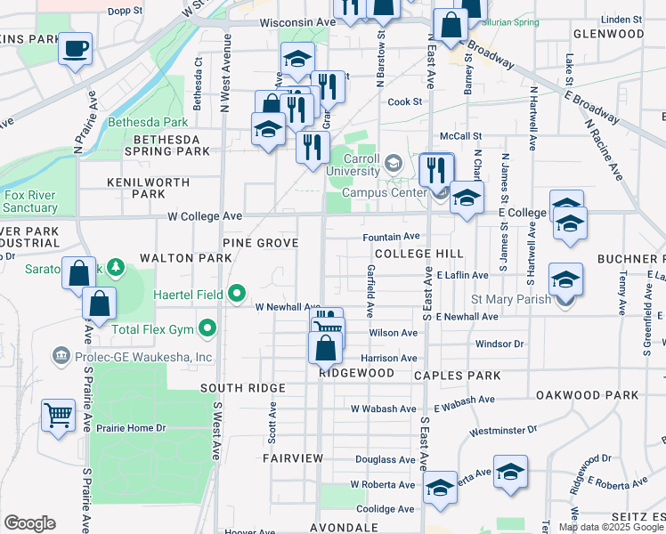 map of restaurants, bars, coffee shops, grocery stores, and more near 241 West Laflin Avenue in Waukesha