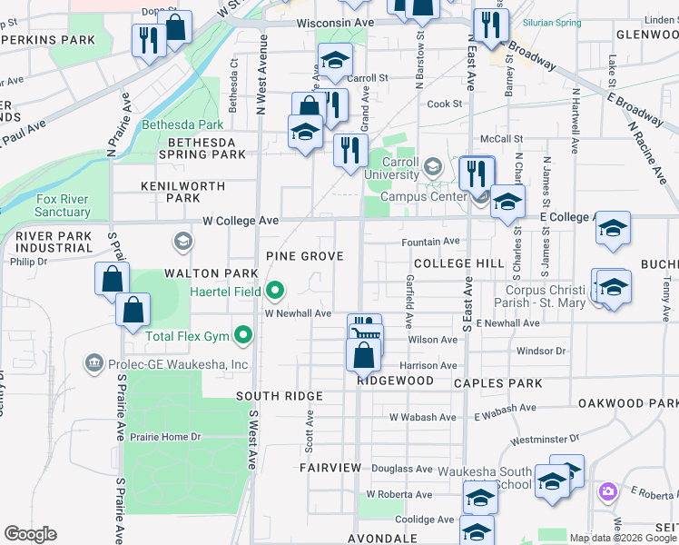 map of restaurants, bars, coffee shops, grocery stores, and more near 242 Hinman Avenue in Waukesha